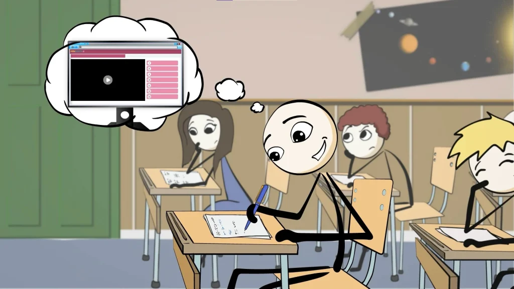 Uczeń myśli o lekcjach wideo Eduboom podczas nauki w szkole